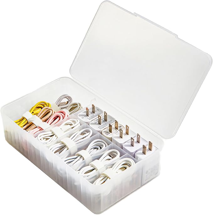Cable Organizer Box Extra Wide, Travel Charger Cord Earphone Storage Case with Lid (Translucent White)