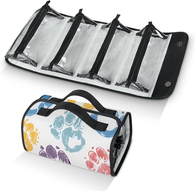 Paw Print Makeup Bag for Women Hanging Roll-Up Travel Organizer Toiletry Kit with 4 Removable Compartments, Paw Print Pet Animal