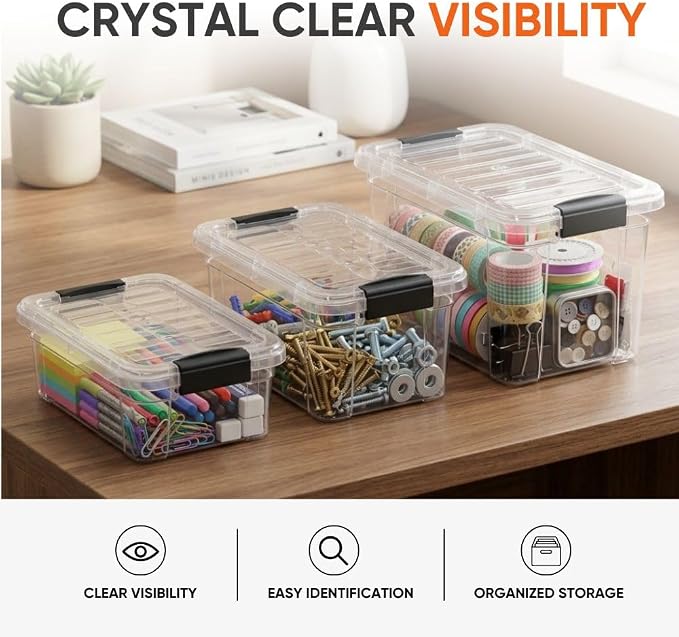 Superio 1.85 Quart Clear Plastic Storage Boxes with Lids, Stackable Organizer Containers, BPA-Free Storage Bins for Home, Office, School & Dorm, 8 Pack