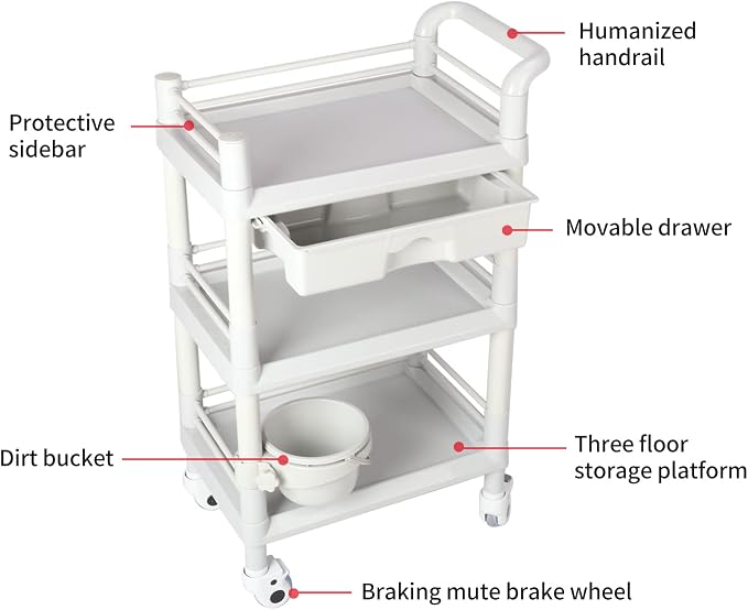 lesolar Medical Trolley 3 Tier Rolling Medical Utility Cart with Dirt Bucket & Drawer Heavy Duty Esthetician Trolley Cart for Spa Beauty Salon Wax