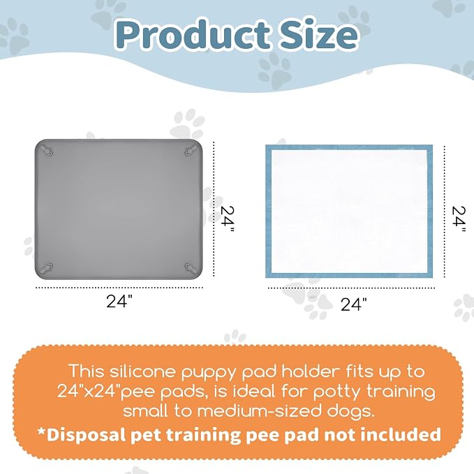 Silicone Puppy Pad Holder Tray with Clips Fits for 24"x24" Pee Pads - Grey