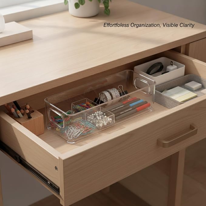 Fits Standard Drawers and Desks: Clear PET Storage Box with Dividers for Small Parts, 9.9 x 3.8 x 2.9 Inches