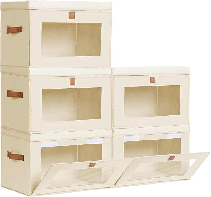 Large Closet Storage Organizer - Clothes Storage Bins with Handles & Window, Collapsible Decorative Boxes with Lids, Fabric Containers for Living Room, Dorm, 5 Pack, Beige