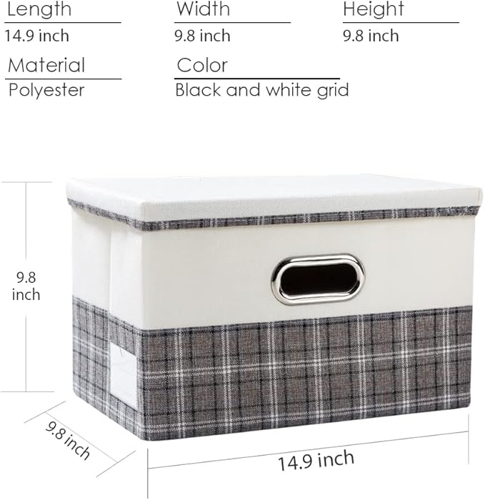 Collapsible Storage Bin with Lid [3-Pack] Fabric Foldable Storage Box Organizer Container Basket Cube with Cover for Home Bedroom Closet Office Nursery Gray plaid & Cream(14.9x9.8x9.8)