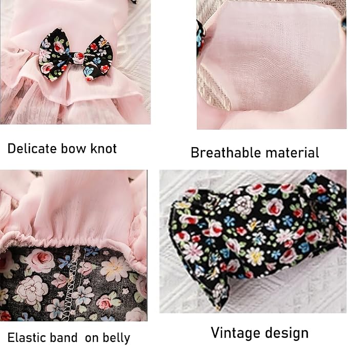 Vintage Floral Bowknot Sleeveless Romper for Small Dogs Cats Rabbits, Breathable Cotton Ruffle Flared Pants, Teacup to Small-Medium Pets for Walk Photo Vacation (Pink-Floral, Large)