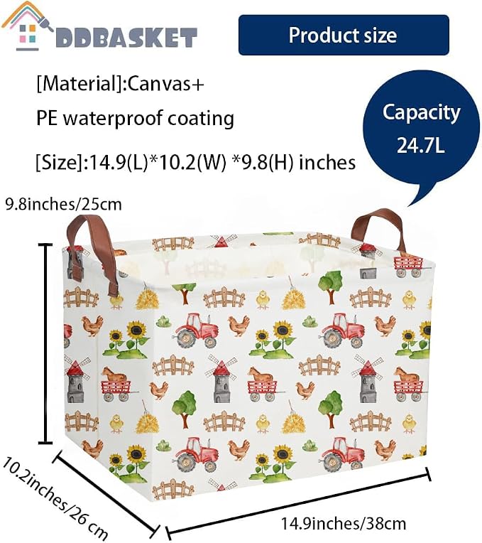 Cute Basket Farm Baskets for Home Decor Basket Rectangular Storage Bin Organizer Box Room Decor.(Farm)