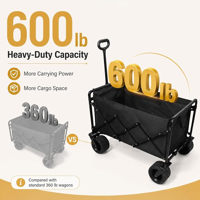 Wagons Carts Foldable Heavy Duty, 600 lb Tank Wheel Wagon with Brakes | Tank wheel utility wagon for groceries, beach, camping, garden and moving; 220L storage, all-terrain wheels and dual brakes