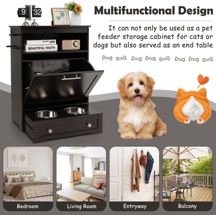 Pet Feeder Station with Stainless Steel Bowls, 32.5" Elevated Dog Food Storage Cabinet with Pull-Out Drawer, Wall-Mounted Pet Feeding Station Organizer for Food & Accessories (Coffee)