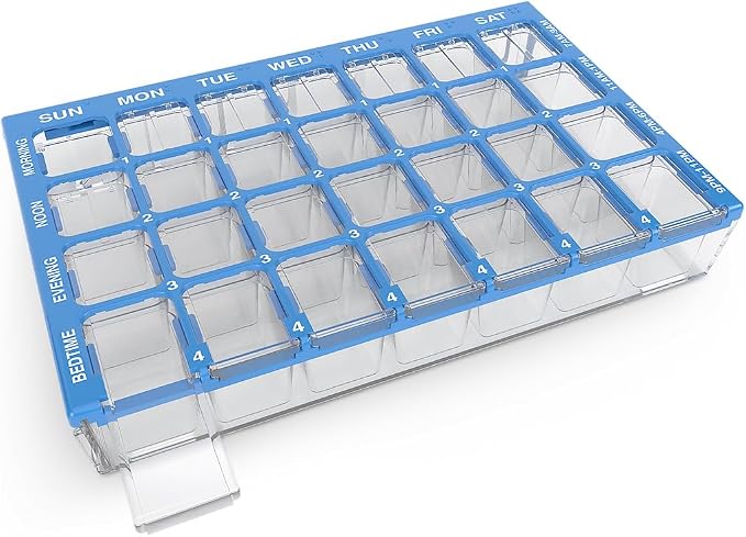 Ezy Dose Pharmadose Weekly 7-Day, 4X/Day Pill Organizer, Blue, Medium | 28 Medium Compartment Pill Case, Medicine Planner, Vitamin Organizer with Easy Fill Tray, BPA Free