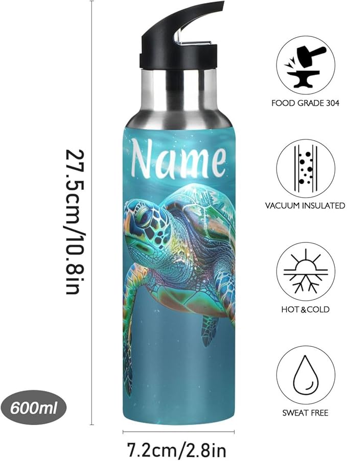 Custom Name Turtle Teal Underwater Water Bottle with Straw Lid Kids Insulated Stainless Steel Water Flask Sports, 20 Oz Hot Cold