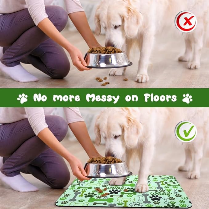 Dog Food Mats for Floors Waterproof, Pet Water Bowl Mats Pet Feeding Absorbent Placemats Green 16 * 24 inch