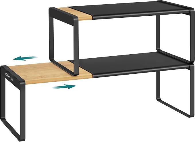 SONGMICS HOME Spice Rack, Expandable Cupboard Shelf Orgnizer,Bamboo | Kitchen Counter Shelves, Bamboo and Steel, Stackable, Ink Black, BYSTRO Collection UKCS051B01