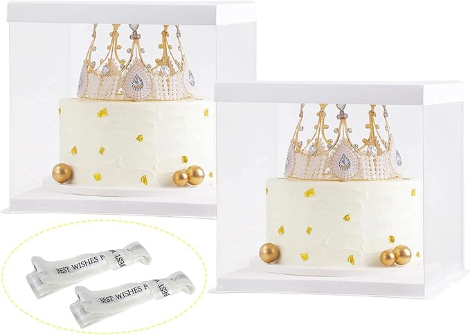 XININSUN 2Pcs Large Cake PET Clear Box, 10" X 10" X 9" with ribbon and pre-folded lid, for 8" cake packing carry, baking cookie display, Carry Tall Layer Gift, Festive Gift Box -White | pre-folded lid, for 8" cake carrier, Carry Tall Layer Gift, Festiv...