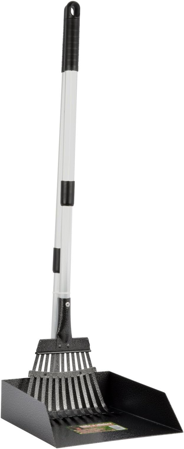 Precision Pet Little Stinker Poop Scoop Pan with Rake, Large, Silver/Black | Zinc Plated Steel Rake and Deep Scoop Pan with Aluminum Handle that Extends to 44 In, Hanger Hooks for Storage
