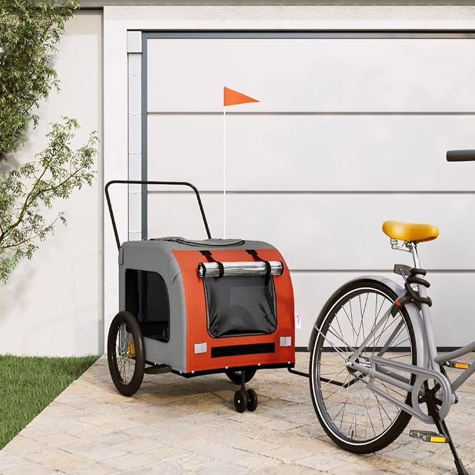 Pet Bike Trailer Orange and Gray Oxford Fabric Dog Bicycle Trailer with Iron Frame, 3-Wheel Pet Cargo Carrier for Small Dogs and Groceries, Includes Safety Flag and Reflectors
