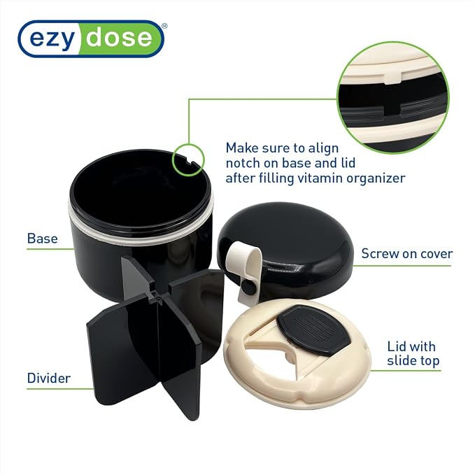 Ezy Dose Mini Vitamin Organizer, Multi Compartments, Black & Cream, Medium | Portable and Compact Design, Easy Access Sliding Pill Dispenser, Supplement Organizer with Anti-Mix Design, Travel Friendly