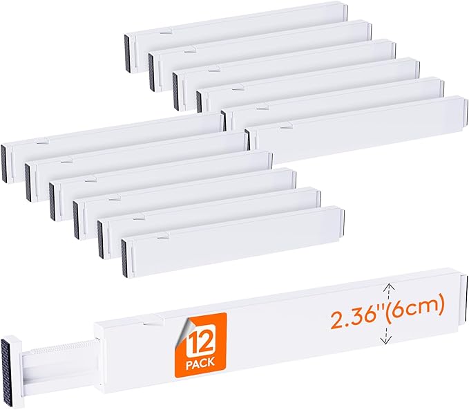 Lifewit 2.36" Upgrade Kitchen Drawer Dividers, Adjustable Drawer Organizer | 12 Pack 16"-22" Expandable White Drawer Separator for Clothes/Utensils, Dresser/Cabinet/Closet/Nursery Organization & Storage