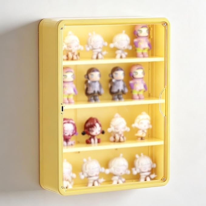 Wall-Mounted Display Case for Blind Box Figures, Clear Magnetic Door Collectible Storage Cabinet, No-Drill Figure Organizer with Shelves, Small or Large, White, Yellow or Purple(Yellow,Large)