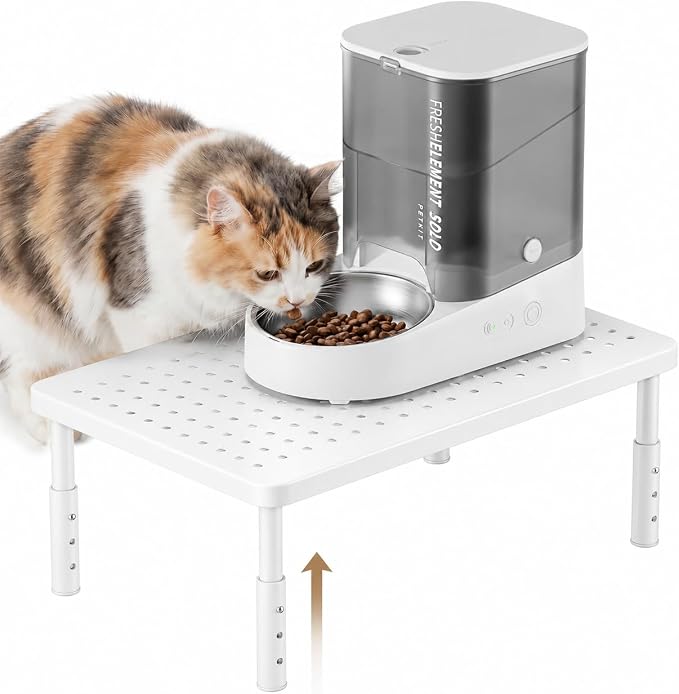 Adjustable Automatic Cat Feeder Stand - Elevated Cat Feeder Stand with 3 Height Settings, Fits Most Automatic Feeders & Tradition Bowls, Raised Pet Feeding Table Station for Cats & Small Dogs - White
