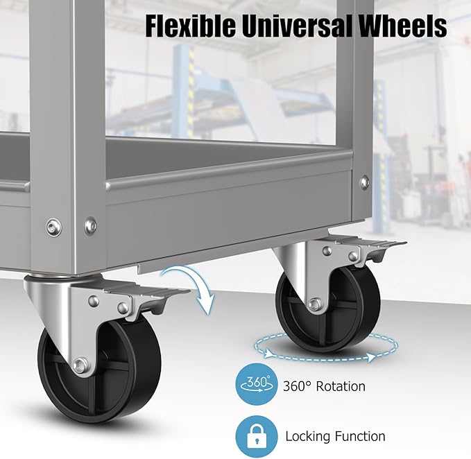 Goplus 3-Layer Service Utility Cart, Heavy Duty Unity Cart with Flat Handle, 2 Lockable Universal Wheel, 400 lbs Capacity, Rolling Tool Cart for Garage, Kitchen, Hotel, Office, Workshop Grey