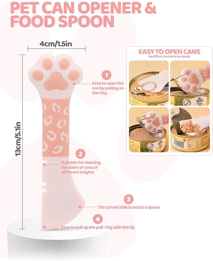 5 PCS Cat Food Can Covers Lids Set, Silicone Pet Food Can Lids with Multi-Function Cat Food Spoon and Opener, Cat Bar Squeezer, Stainless Steel Wet Food Spoon for Cats and Dogs (Pink) (Flower Pattern)