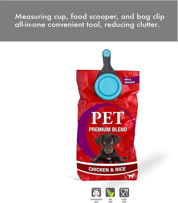 Dexas Popware for Pets Collapsible Klip Scoop, 3-in-1 Pet Food Scoop, Measuring Cup and Bag Clip, 1 Cup Capacity, Blue