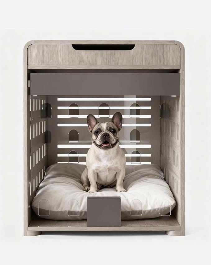 Modern Dog Crate Furniture with Charging Station Medium Kennel Indoor with Flip-up Hidden Acrylic Door for Small and Medium Breeds up to 50lb Wood Pet End Side Table Cage, Grey