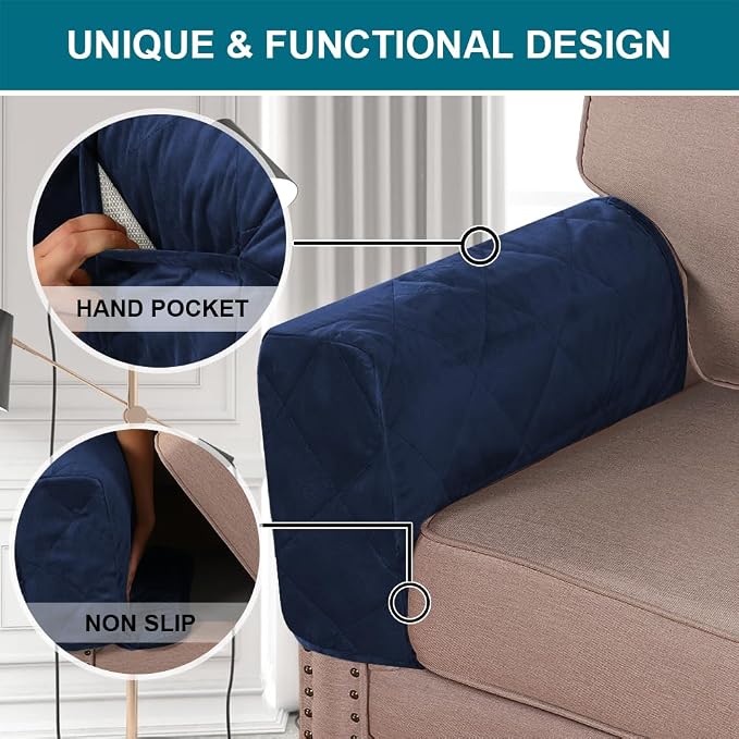 Velvet Quilted Armrest Covers - Water-Resistant Sofa Arm Protectors Set of 2 with Side Pocket Organizer, Non-Slip Furniture Covers for Chairs & Couches (Navy)