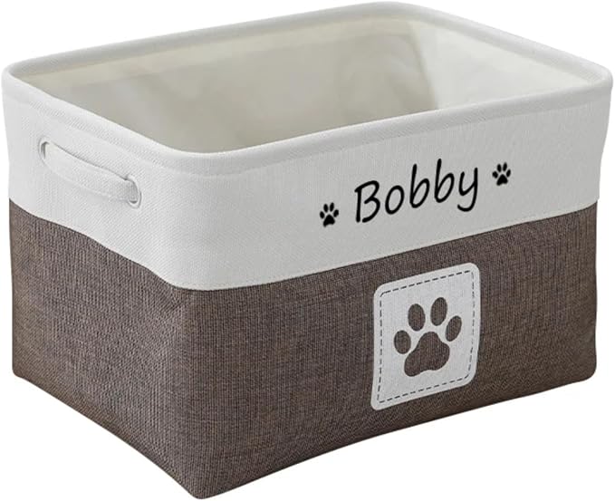 Custom Name Pet Dog Toys Basket/Bin, Paw Custom Personalized Logo Cat Clothes Box Accessories Organize Storage Bin, 4 Patterns Round Paw, Classic Paw, Heart or Name Only (Brown)