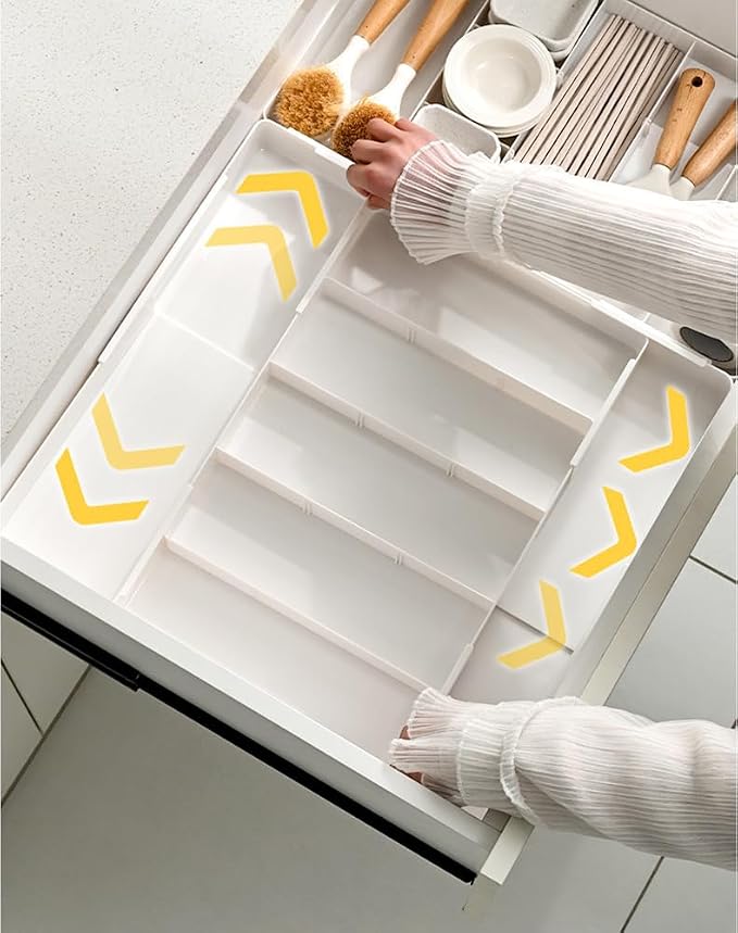 Retractable Drawer Storage Box - 6 Detachable Dividers with 2.04 Inch Shallow Drawer Height PET for Kitchen Utensils, Cosmetics, Office Supplies Storage (10.43 Inch L,20.27 Inch)