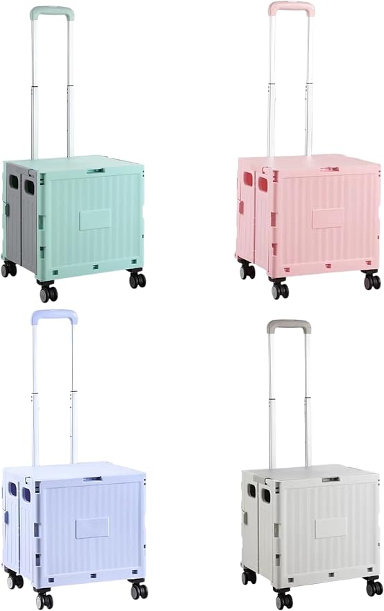 Foldable Utility Cart, Portable Rolling Crate with 360° Rotating Wheels, Detachable Lid,Telescoping Handle, Collapsible Trolley for Travel, Office, Grocery, and Storage (Purple)