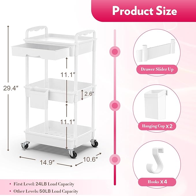 SUNALLY Makeup Cart Organizer with Drawer,3 Tier Rolling Makeup Cart, White | Rolling Vanity Storage for Skin Care Perfume Nail Polish, Floor Skincare Organizers Cosmetics Display Bathroom Storage Cart