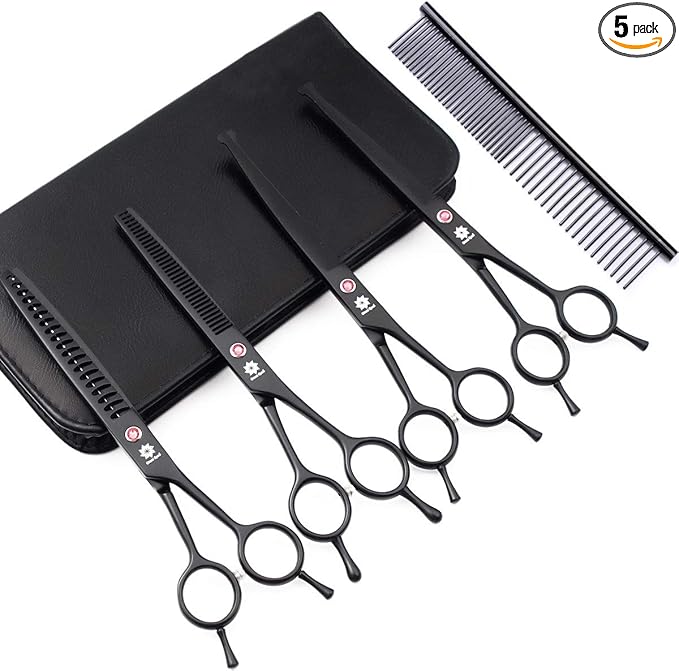 Dream Reach 7.0 Inches Professional Pet Cat Dog Grooming Shears Scissors, Straight, Curved, Thinning/Blending/Chunking Scissors Kit (4-Set Blunt Tip)