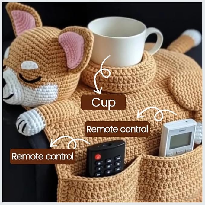 Crochet Sofa Armrest Organizer with Cup Holder, Cute Dog & Cat Shaped Couch Caddy, Anti-Slip Remote Control Holder for Recliner, Handmade Storage Pocket for Tablet, Gifts for Pet Lovers (orange)