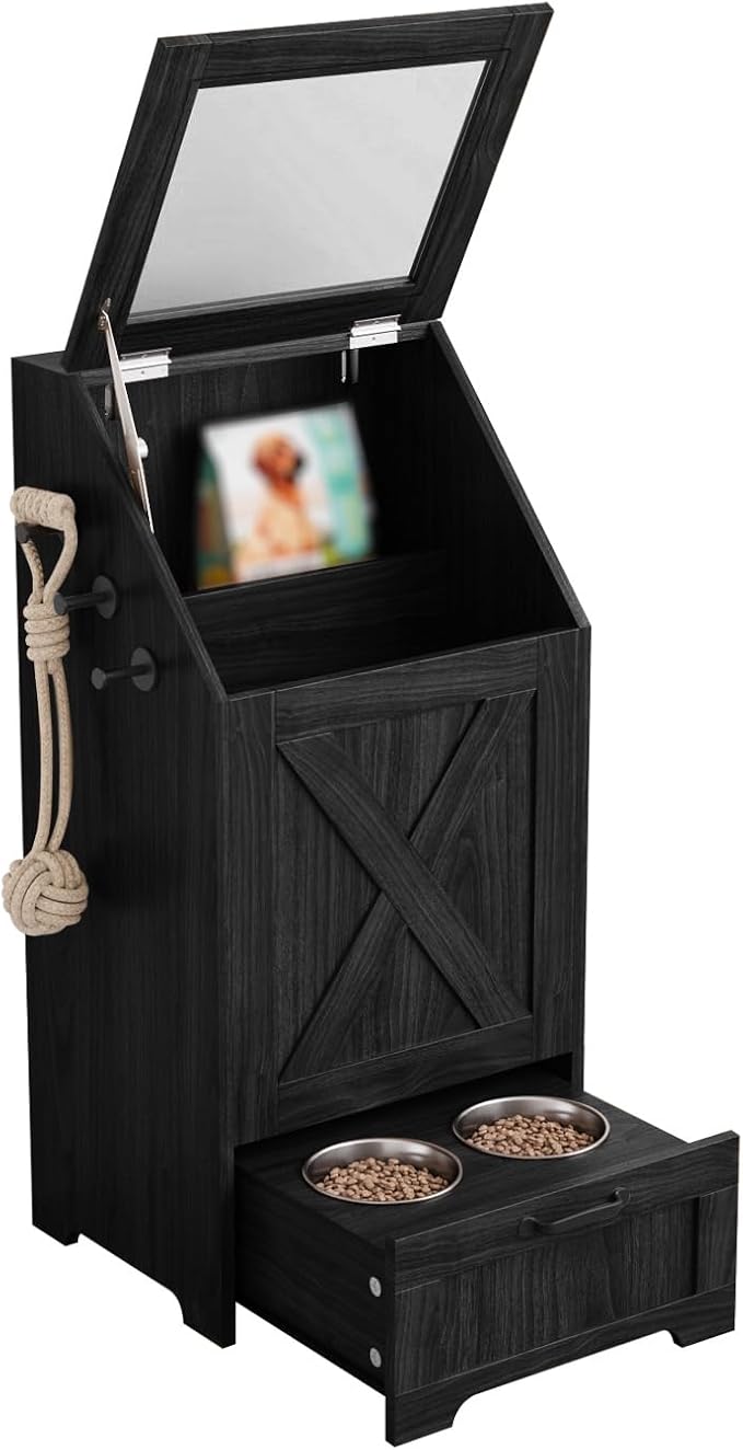 Pet Feeding Station with Storage Cabinet & 2 Elevated Bowls,Hooks,Black | Flip-top Sealed Food Bin.Pull-out Bowl Drawer with Wheels.3 Side Hooks+Internal Shelf for Cans.Anti-tip Device.For Dogs/Cats.