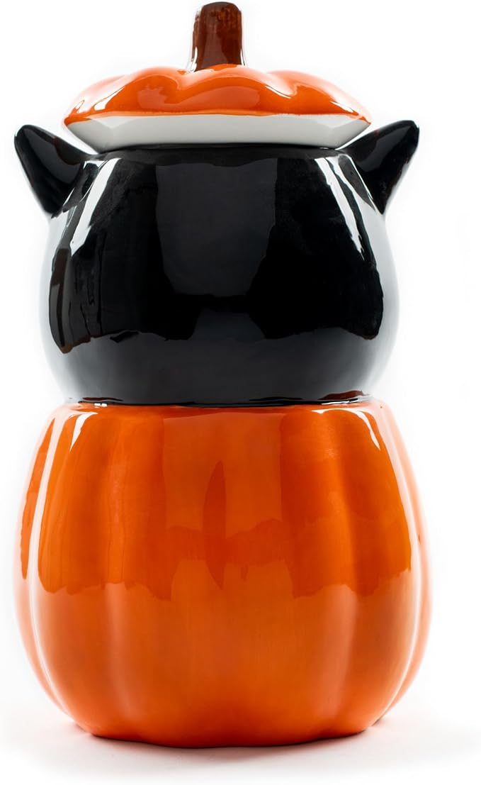 Dolomite Ceramic 11 x 6.3 Halloween Cookie & Candy Jar with Airtight Lid: Perfect for Kitchen Canisters, Pet Treat Containers & Fall Decorative Candy Dish, Black Cat Pumpkin