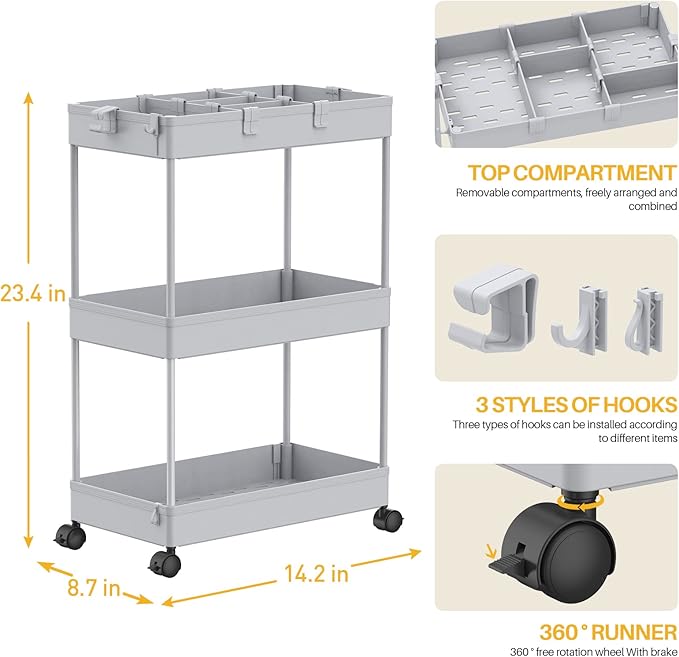 3 Tier Rolling Cart with Wheels, Storage Craft Art Trolley Organizer Serving, 3 Hanging Baskets Easy Assembly, for Office, Living Room, Kitchen, Gray