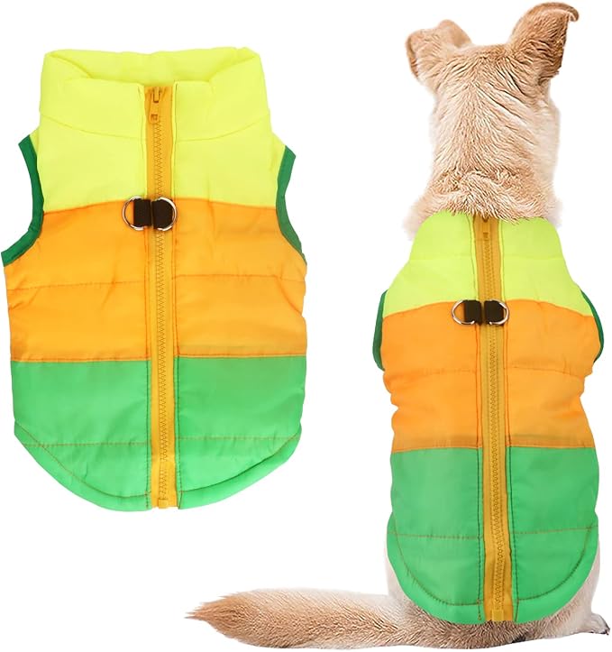 Idepet Pet Dog Cat Coat with Leash Anchor Color Patchwork Padded Puppy Vest Jacket Teddy Chihuahua Costumes Pug Cloth XS S M L (Small (Pack of 1), Green)