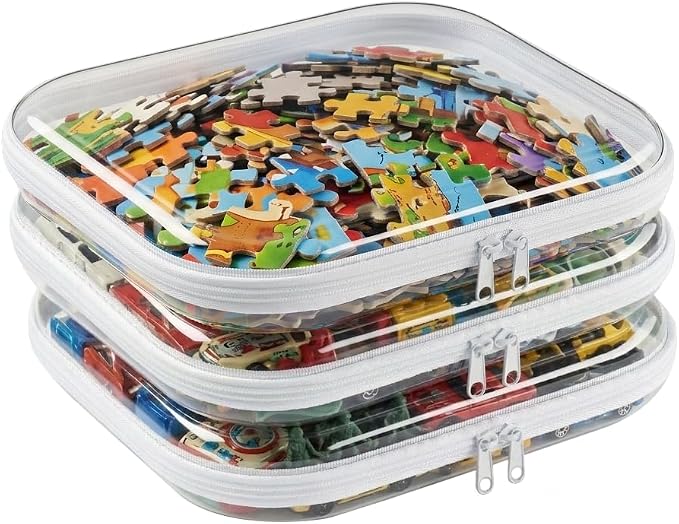 3 Pcs Large Clear Hard Shell Zipper Case, 1.3mm Heavy Duty Plastic File Box | Puzzle Storage Organizer, Board Game, Toy, Craft and Art Supply Organization