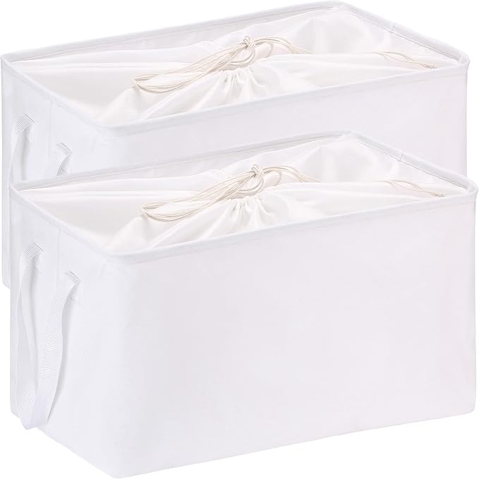 Hinwo 102L XXL Canvas Storage Bin with Lid and Handles, 2-Pack | Collapsible Fabric Baskets, Closet Shelf Organizers, Containers for Clothing, Blankets, Toys, Bedding (White)