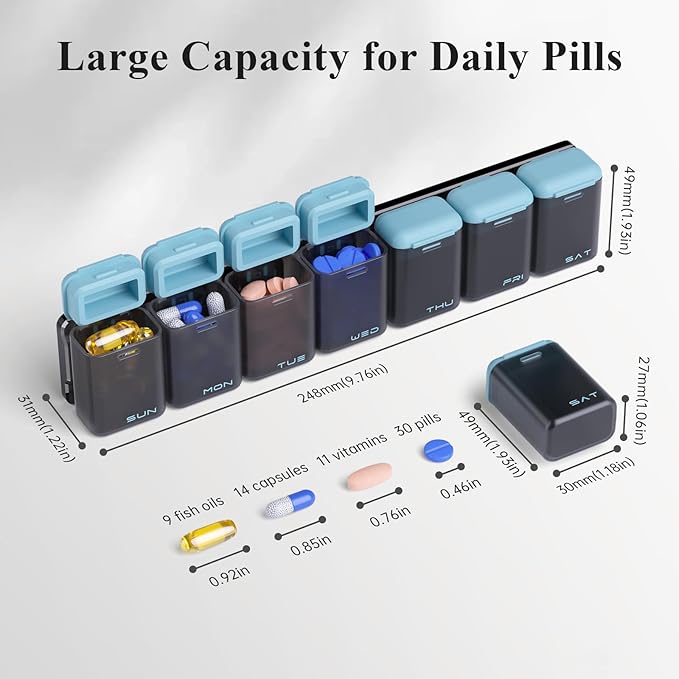KOVIUU Weekly Pill Organizer, Magnetic Medicine Vitamin Case 1 Time a Day | Week Once Daily Supplement Box, Removable Medication Container Holder for Fridge, 7 Day Large Travel Pill Dispenser, Blue