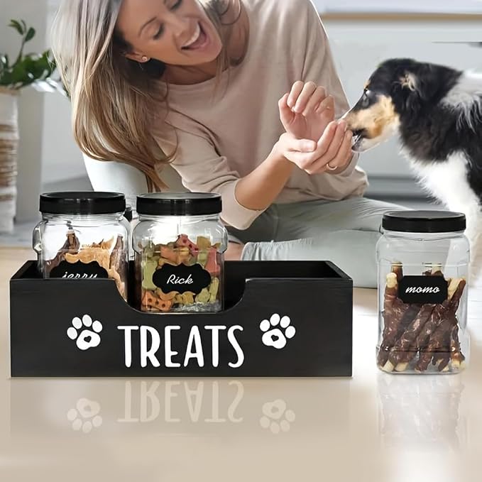 Dog Treat Container for Countertop, Pet Snack Storage Box Includes 3 Treat Jar & Wooden Pet Treat Container Pet Food Organizer For Puppy Airtight Dog Treat Storage With Lids