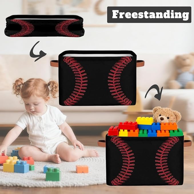 Storage Baskets Bin, Black Baseball Red Stitching Collapsible Canvas Fabric Storage Bin Decorative Baskets Toy Organizer Rectangle Storage Boxes with handles for Home Shelves Nursery,1Pack,C-04