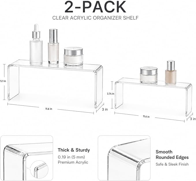 2 Pack Acrylic Medicine Cabinet Organizer Clear Shelves 2 Sizes | Includes 1 Small 11.4 x 3 x 3.7 Inch and 1 Large 11.4 x 3 x 5.1 Inch Shelf with 2 Non Slip Pads