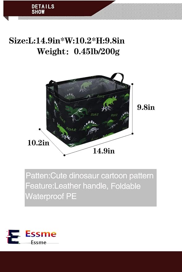 Essme Rectangular Dinosaur Basket,Dinosaur Bins for Boys with Handles for Boys Room Decor,Kids Baskets for Kids,Gift Bin.(dinosaur decor)