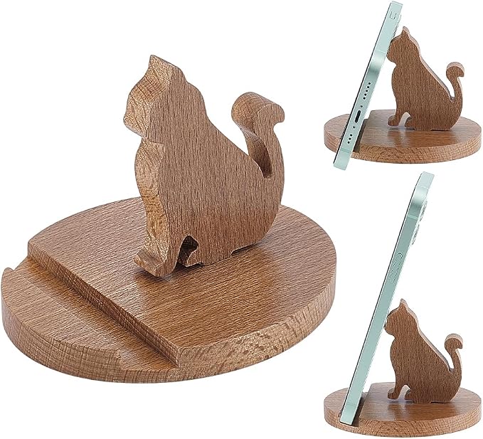 NBEADS Cell Phone Tablet Wooden Stand, Animal Phone Holder Cat Decorative Smartphone Desk Holder with Non-Slip for Various Models of Mobile Phones and Tablets, Sandy Brown