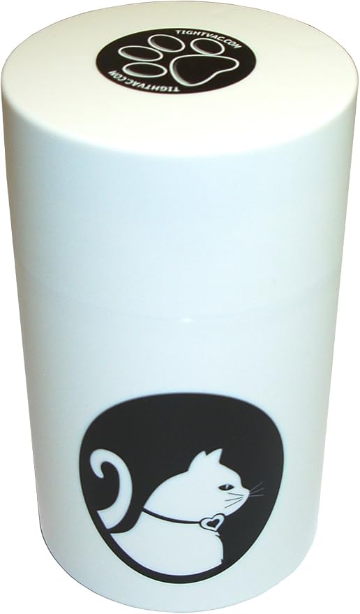 Tightpac Pawvac 1 to 6 Ounces Container, Airtight Pet Food and Treats Storage Jar - Patented Vacuum Seal Container for Pet Food, Treats and other Dry Goods - White with Cats