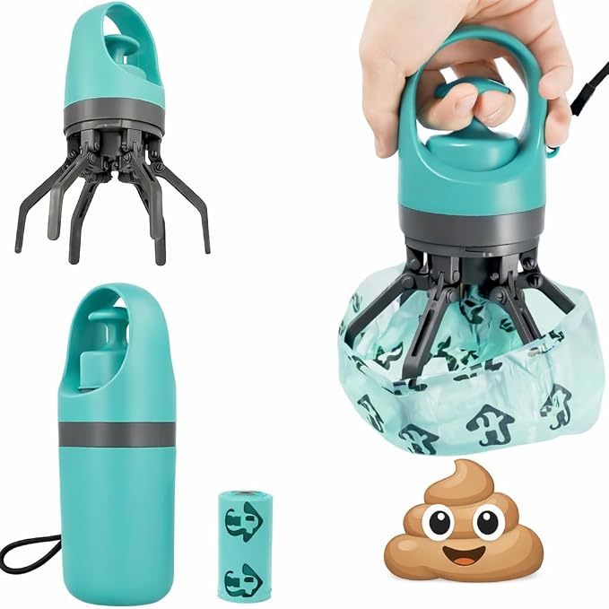 Pooper Scooper for Small Dogs, Portable No‑Touch Waste Picker with Built‑In Bag Dispenser 1 Roll 15PCS Bags, One‑Handed Claw Grabber, Leak‑Resistant Storage for Small, Medium Dogs & Small Pets