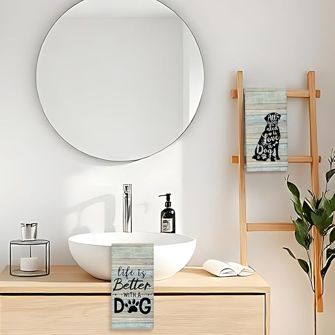 Life is Better with A Dog Kitchen Towels and Dishcloths Set of 2, Funny Decorative Hand Towel Drying Cloth for Bathroom, Gifts for Dog Lovers, Hostess, Women, 16x24 Inches -08