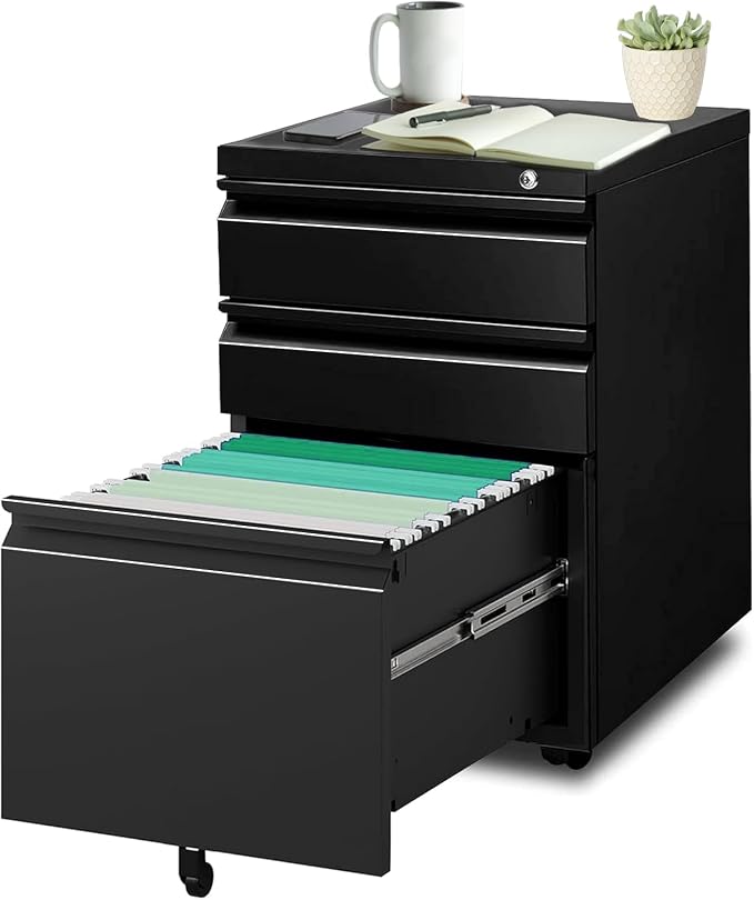 3-Drawer Mobile File Cabinets Rolling Metal Filing Cabinet for Legal & Letter File Anti-tilt Design with Lock Under Desk Office Drawers,Requires Assembly,Black